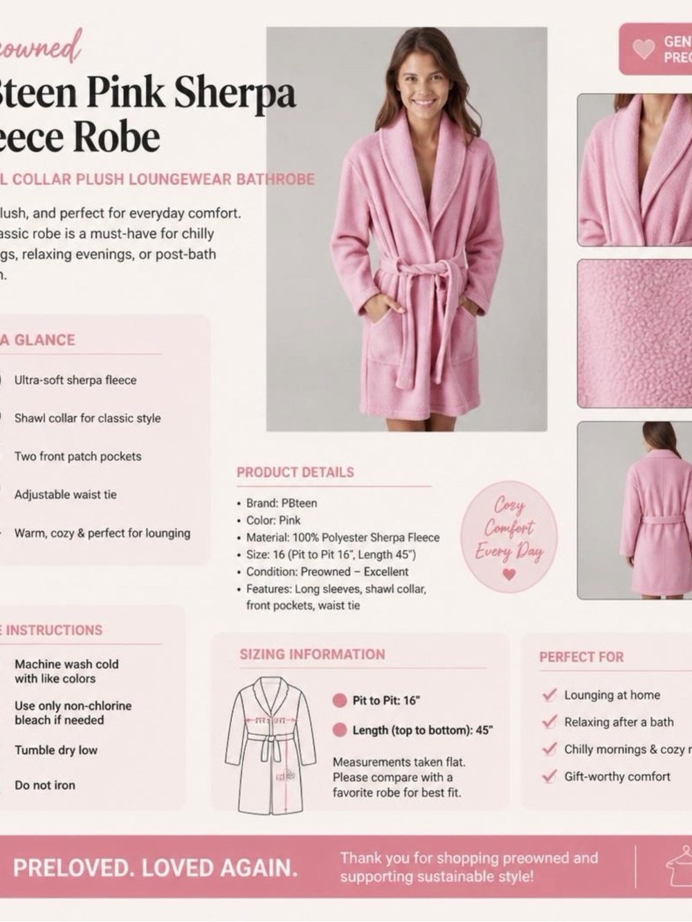 PBteen Pink Sherpa Fleece Robe Shawl Collar‎ Plush Loungewear Bathrobe